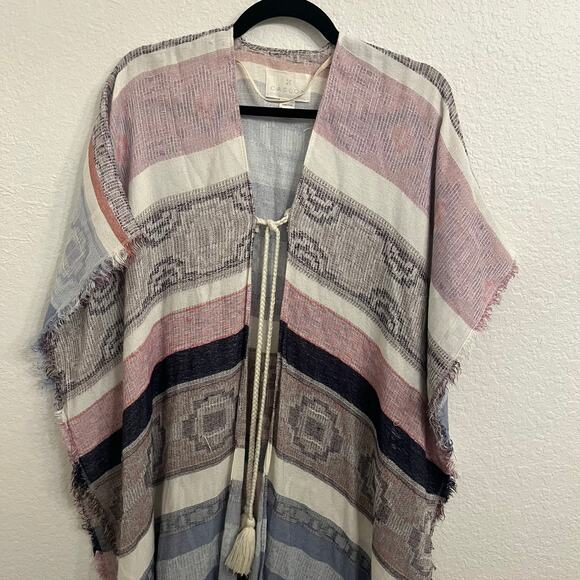 CASLON Kimono Women One Size Knit Southwestern Aztec Festival Fringe Blue Boho - Picture 2 of 16